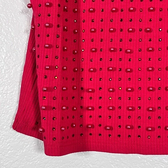 Red bodycon gem and pearl studded tank top, size 3X - Picture 4 of 6